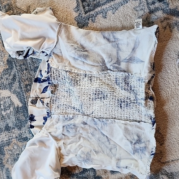 Blāshe Off The Shoulder Boho Blouse White Blue X Large Linen Mix - Picture 7 of 7